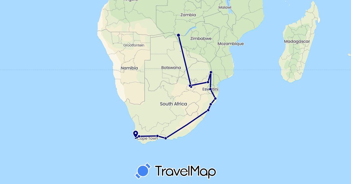 TravelMap itinerary: driving in Swaziland, South Africa, Zambia (Africa)